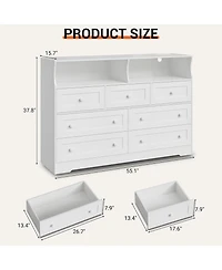 Gaomon 7 Drawer Wooden Dresser with Led Lights, Charging Station & 2 Open Compartments, Freestanding Bedroom Storage Organizer