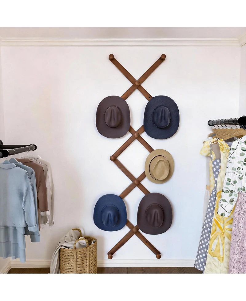 Yigii Wooden Expandable Wall Rack 14 Hooks 24" Long Space-saving Hat & Coat Organizer