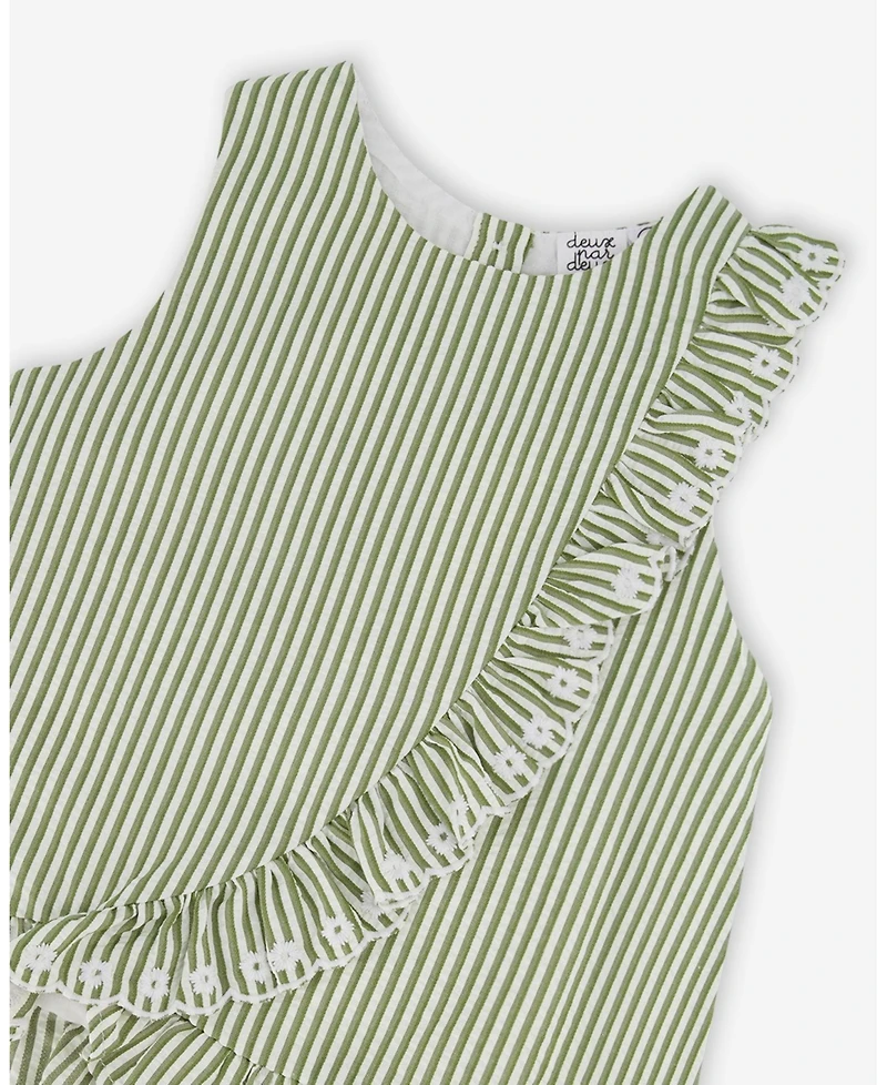 Deux par Toddler Girls Top Green & Off White Stripes with Embroidered Ruffle