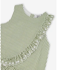 Deux par Toddler Girls Top Green & Off White Stripes with Embroidered Ruffle