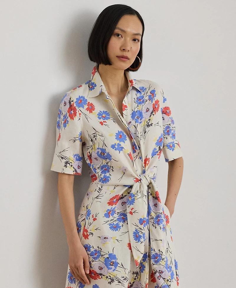 Lauren Ralph Petite Floral Print Tie-Front Shirt Dress