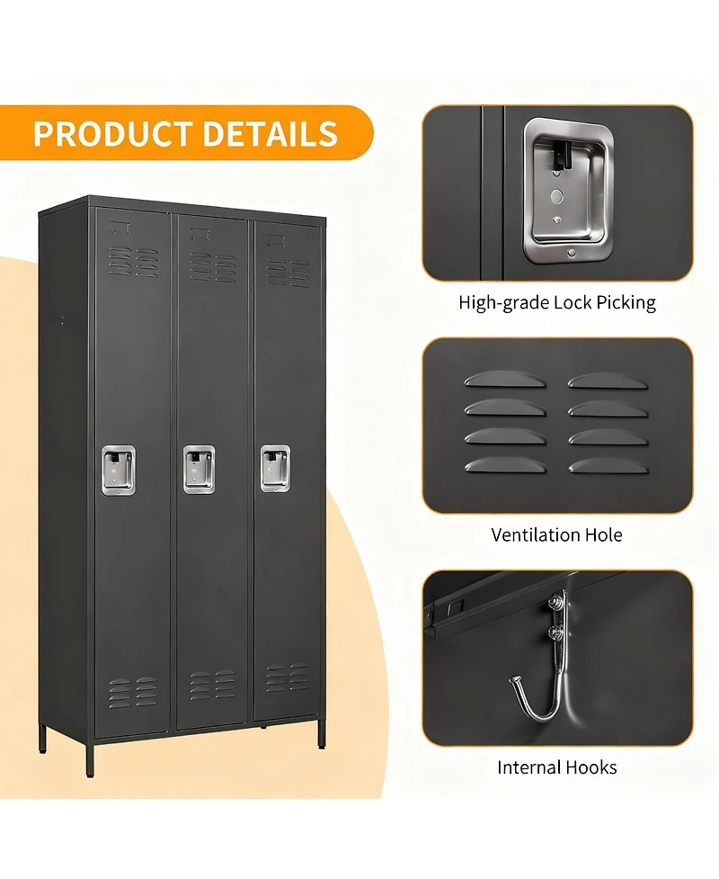 Yigii 3-Door Steel Employee Locker with Spacious Storage for Various Uses