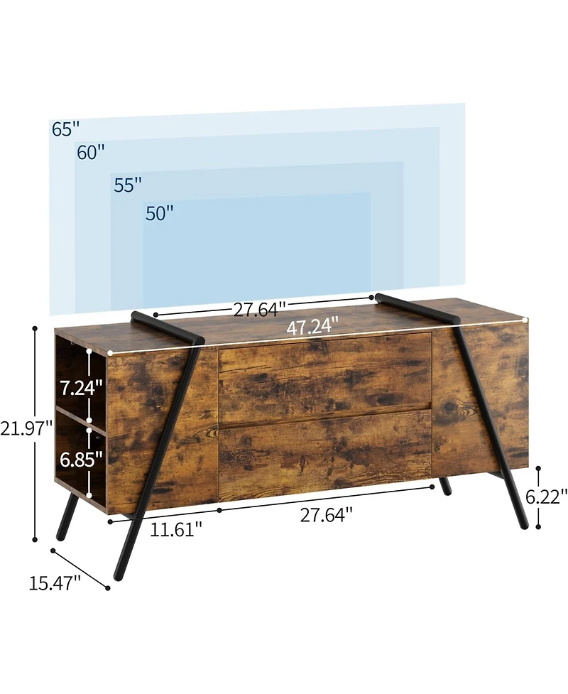 gaomon 47" Modern Farmhouse Tv Stand, 2 Drawers Adjustable Shelves U-Shaped Metal Legs Entertainment Center