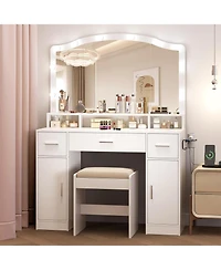 Gaomon Vanity Desk with Mirror & 10 Led Lights, 3 Drawers, 2 Cabinets, Shelf, Storage Stool & Power Outlet
