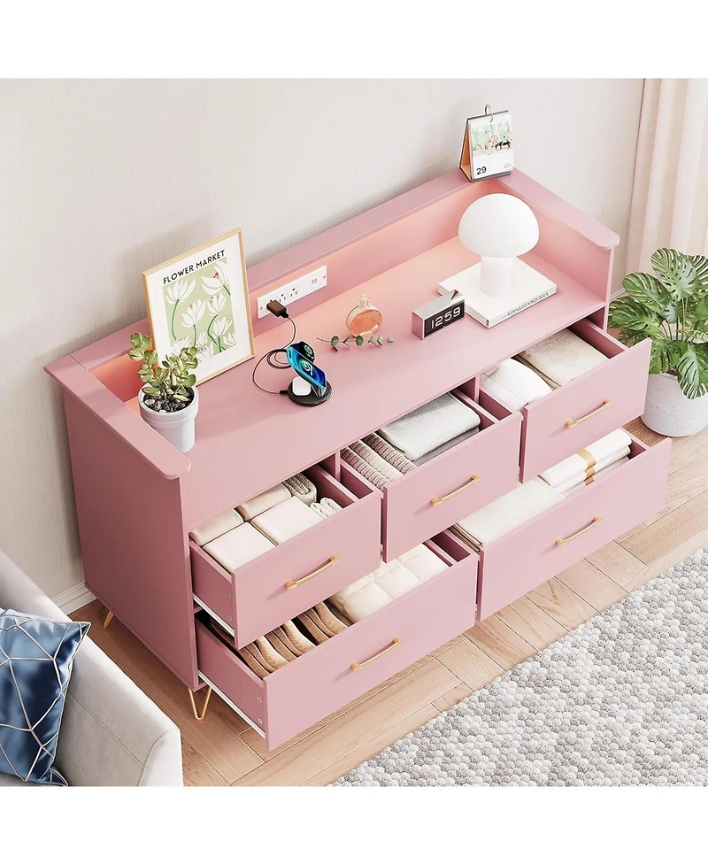 gaomon 5 Drawer Dresser for Bedroom, 47 in Modern Wooden Dresser with Led Lights & Charging Station, Wide Chest of Drawers Storage Organizer, Pink