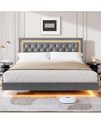 gaomon Floating Platform Bed Frame with Smart Led Lights, Upholstered Diamond Headboard, Wood Slat Support