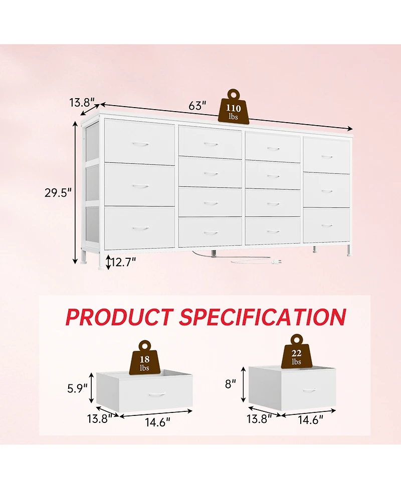 gaomon 63" Black Fabric 14-Drawer Dresser Tv Stand, with Power Outlet for 65-75" TVs