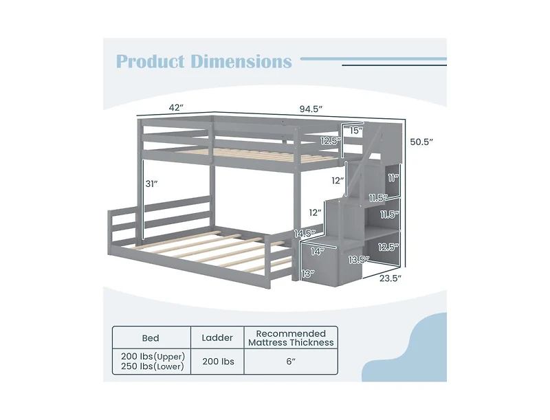 Solid Wood Twin-Over-Full Bunk Bed with Stair Storage