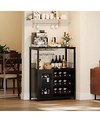 gaomon 3-Tier Wine Bar Cabinet with Led Lights, Detachable Wine Rack, Glass Holder, and Mesh Door for Kitchen, Living Room