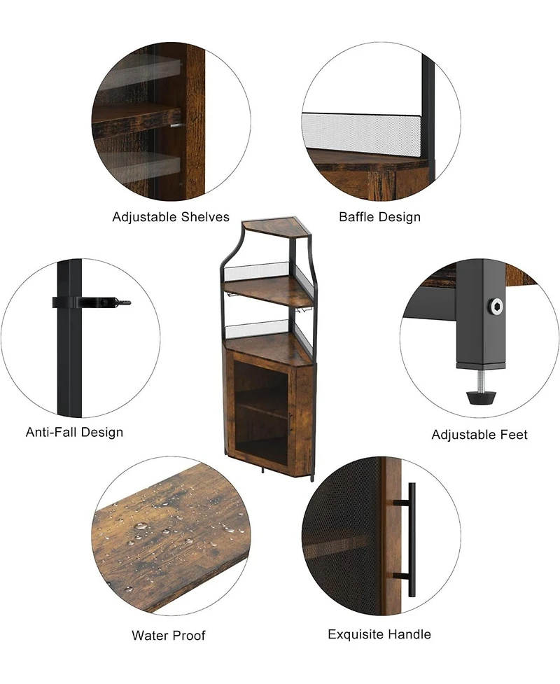 Gaomon Brown Wooden Farmhouse Wine Bar Corner Cabinet with Detachable Rack, Mesh Door, Glass Rack, and Storage