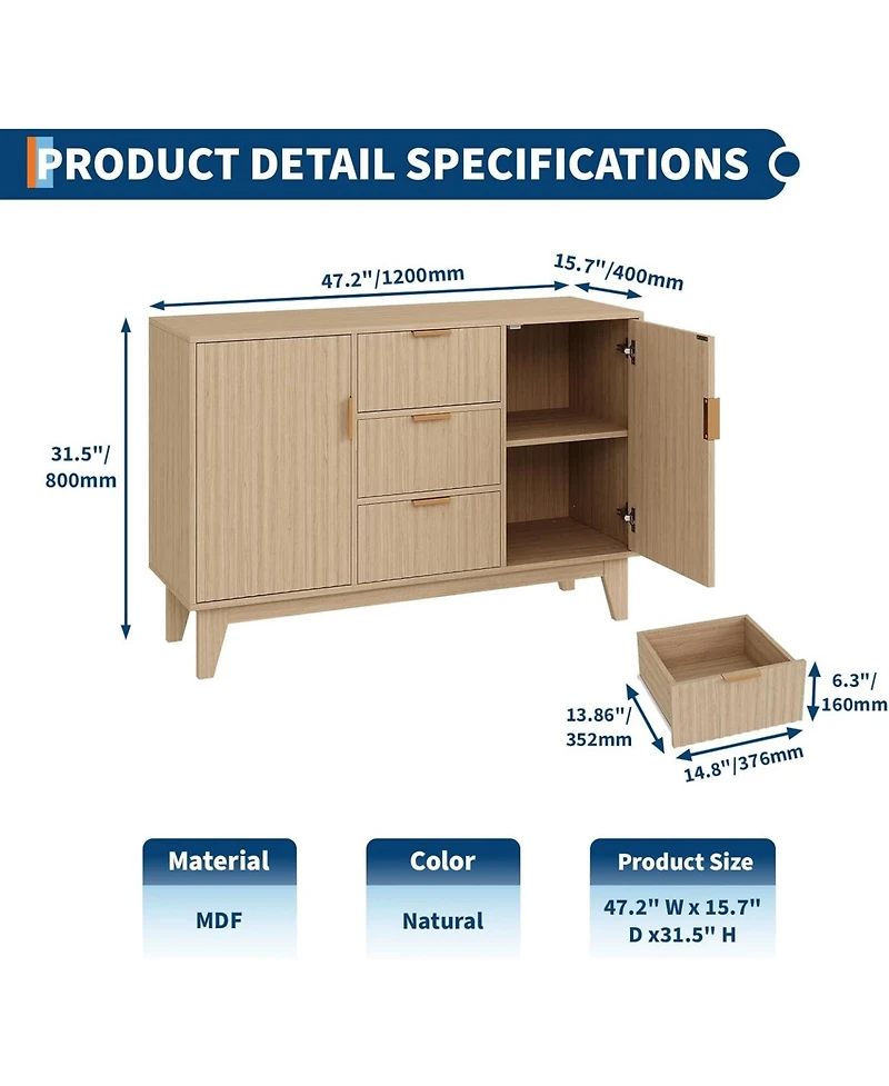 gaomon 47.2" Modern Fluted Sideboard Buffet Cabinet, Wooden Storage Cabinet with 3 Drawers, 2 Doors & Adjustable Shelves.