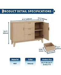 gaomon 47.2" Modern Fluted Sideboard Buffet Cabinet, Wooden Storage Cabinet with 3 Drawers, 2 Doors & Adjustable Shelves.