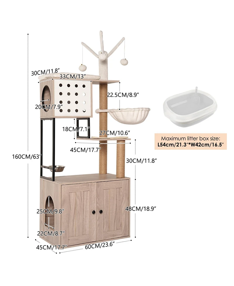 Cozito 3-in-1 Cat Tree with Litter Box Enclosure, Scratching Posts, Feeding Bowls, and Toy Sticks