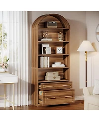Tribesigns 76.8" Tall Arched Bookcase Set of 2, 5-Tier Bookshelf with File Cabinet Drawer, Modern Freestanding Wooden Bookshelves, Storage Shelve