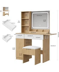 Gaomon Natural Wood Foldable Vanity Desk, Lighted Mirror Makeup Table for Compact Living Spaces