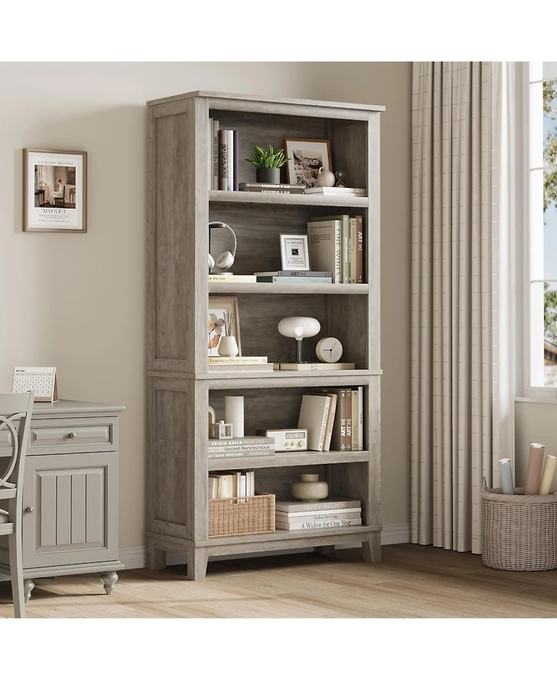 Gaomon 71" Tall 31.5" Wide 5-Tier Farmhouse Bookcase, Adjustable Shelves Wood Bookshelf with Wooden Legs