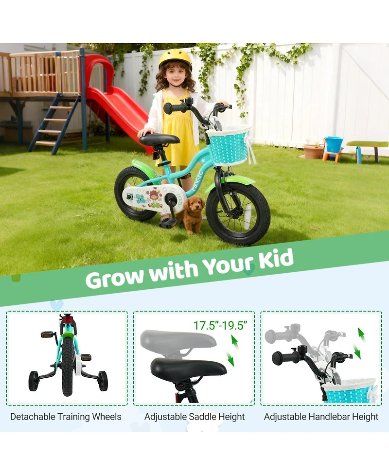 Mecale 12 Inch Kids Bike with Training Wheels and Basket Green Color-12