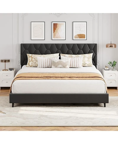 gaomon Platform Bed Frame with Upholstered Headboard, Wood Slats, No Box Spring Needed, Easy Assembly