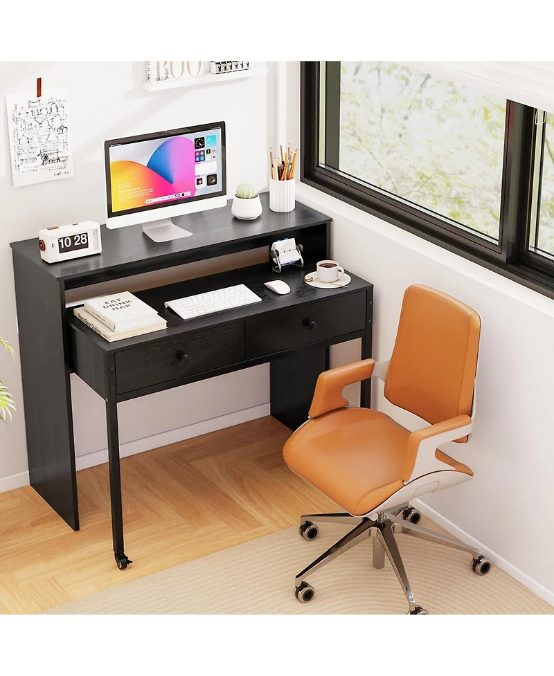 Mecale Extendable Rolling Computer Desk with 2 Drawers, Convertible Home Office Writing Desk