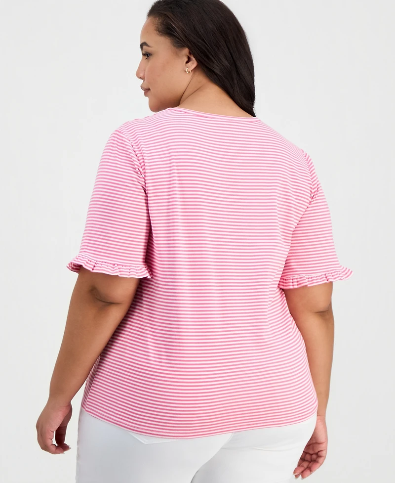 Jones New York Plus Size Striped Ruffle-Sleeve Tee
