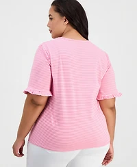 Jones New York Plus Size Striped Ruffle-Sleeve Tee