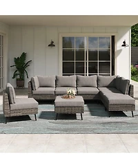 Decksplore 8 Piece Outdoor Sectional Sofa Pe Rattan Patio Conversation Sets, All Weather Patio Furniture Set
