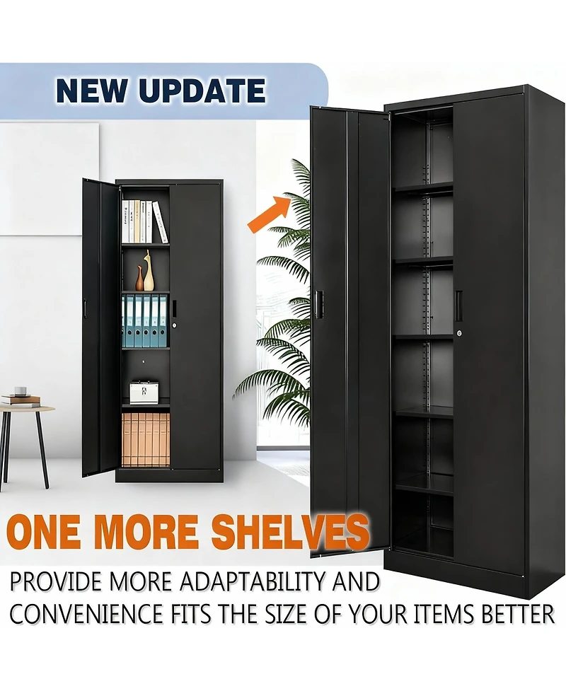 Yigii 71" White Metal Cabinet with 5 Adjustable Shelves & Lockable Doors for Garage/Office/School