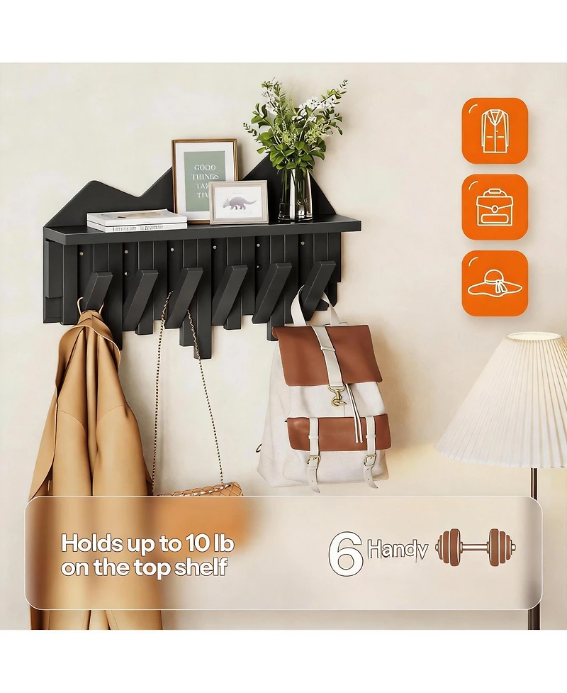 Yigii Bamboo Wall Coat Rack with 6 Hooks & Shelf for Hats