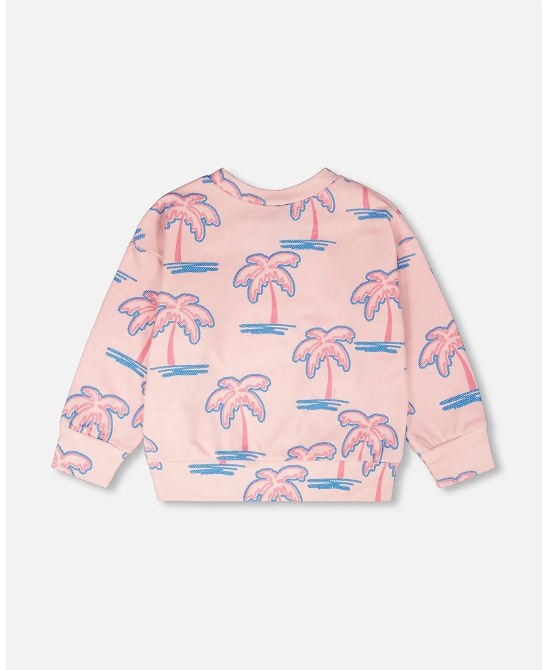 Deux par Toddler Girls French Terry Sweatshirt Light Pink Palm Print