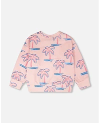 Deux par Toddler Girls French Terry Sweatshirt Light Pink Palm Print