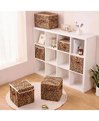 Yigii Leopard Print Storage Bin with Zipper Lid, Pu Leather Handles, Pp Plastic Board, Foldable, Washable,Large