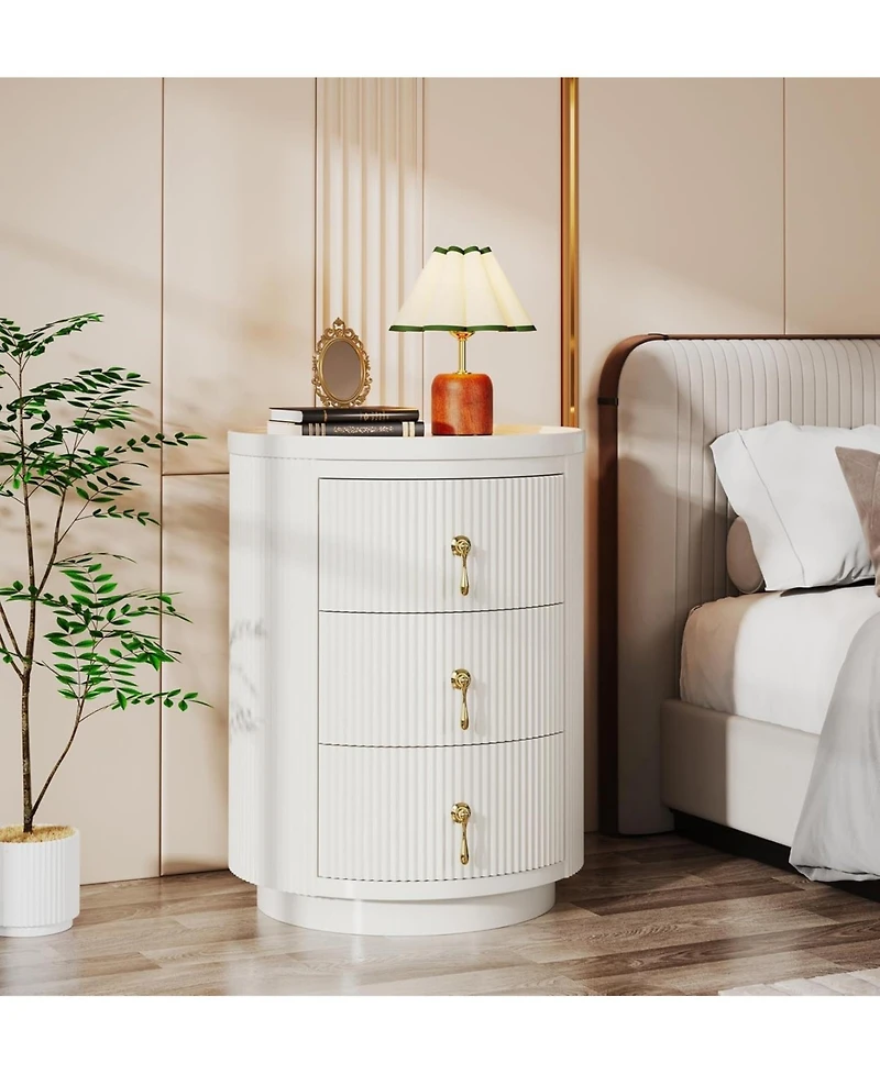 Tribesigns 3 Drawers Nightstand Set of 2, No Assembly Bedside Table Night Stand for Bedroom, Small Round End Side Table with Storage and Gold Handles