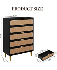 gaomon Black Modern Rattan 5-Drawer Dresser, Deep Storage & Wide Top for Bedroom