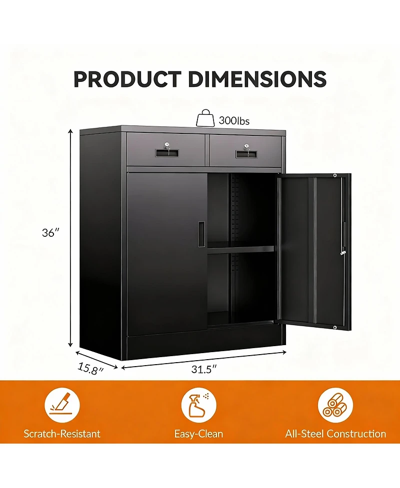 Yigii Large Metal Cabinet with 2 Lockable Drawers, Adjustable Shelf, Thickened Steel
