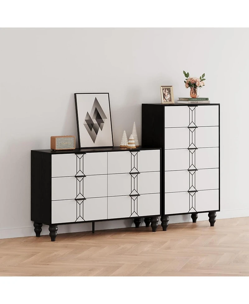 Gaomon Wooden 6 Drawer Dresser with Vintage Pattern Design, Modern Chest Dresser with Deep Drawers for Bedroom, Living Room, Entryway