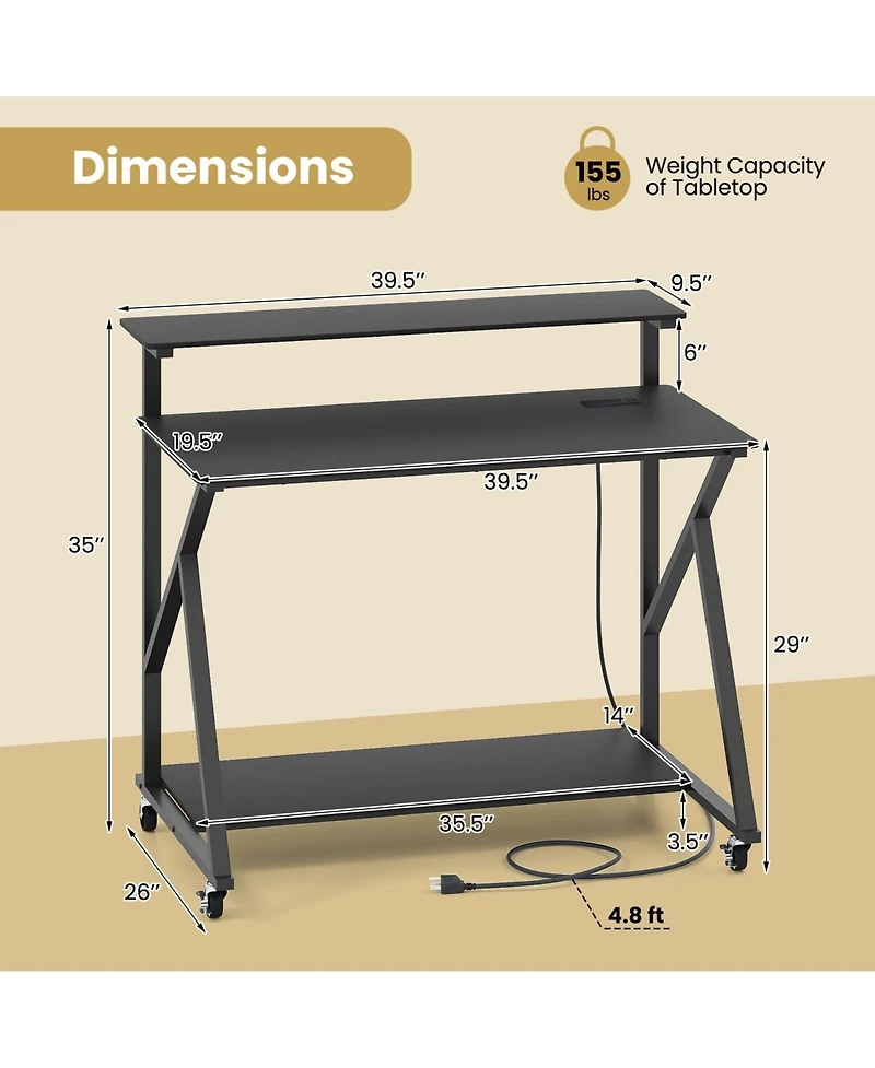 Mecale Rolling Computer Desk with Charging Station and Monitor Shelf, Home Office Storage Desk