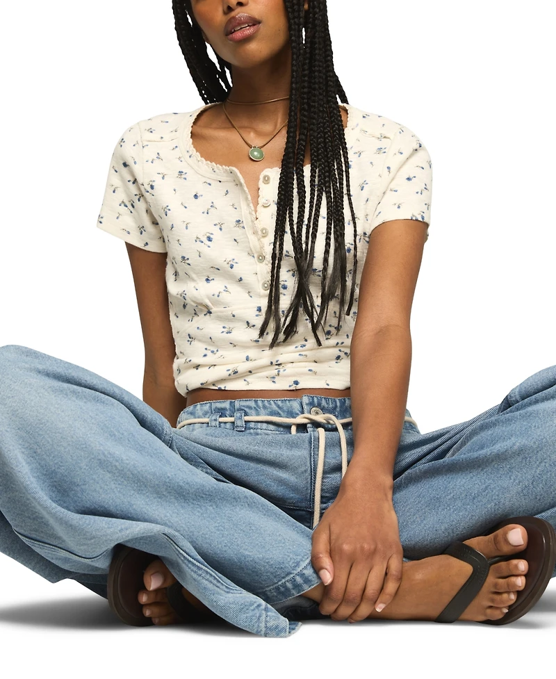 Lucky Brand Women's Crochet Trim Short-Sleeve Henley Top