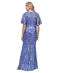 Alex Evenings Petite Embroidered Flutter-Sleeve Gown
