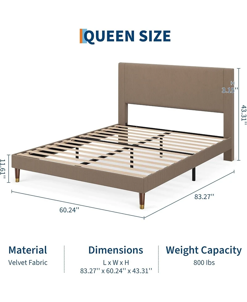 gaomon Full Platform Bed Frame with Headboard, Corduroy Upholstered Bed, Wooden Slats Support
