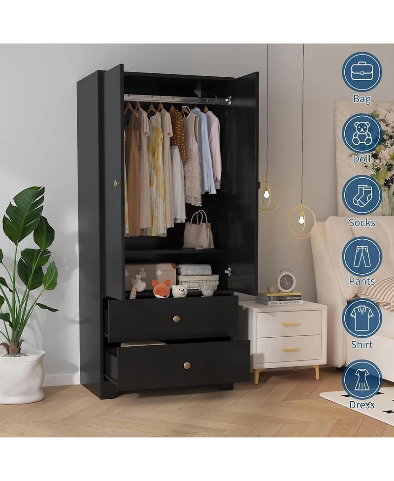 gaomon 71" Armoire Wardrobe Closet with 2 Drawers & Doors, Adjustable Shelves, Hanging Rod, Modern Bedroom Storage Cabinet
