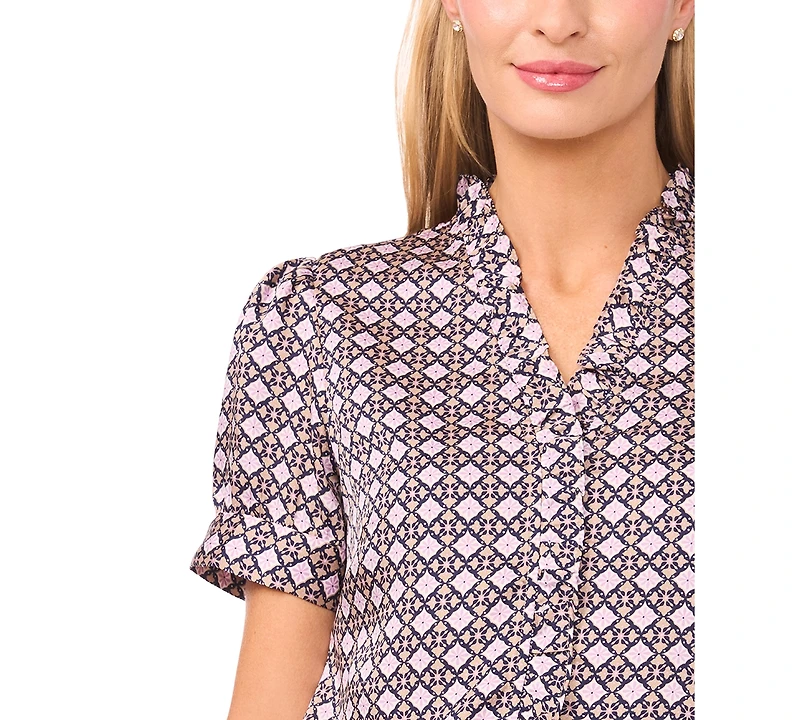 CeCe Women's Short-Sleeve V-Neck Button-Up Shirt