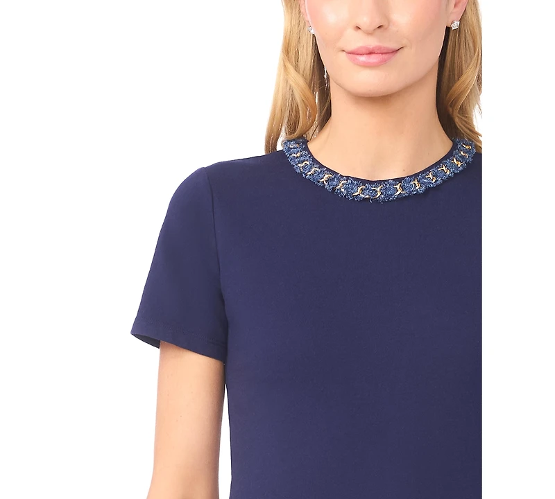 CeCe Women's Denim Chain Crew Neck Trim T-Shirt