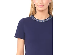 CeCe Women's Denim Chain Crew Neck Trim T-Shirt