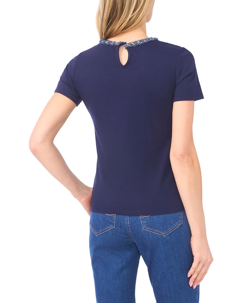 CeCe Women's Denim Chain Crew Neck Trim T-Shirt