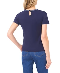 CeCe Women's Denim Chain Crew Neck Trim T-Shirt