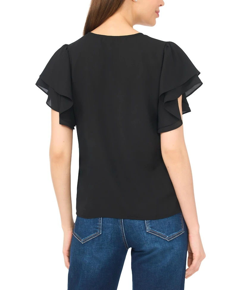 CeCe Women's V-Neck Double Flutter Sleeves Top