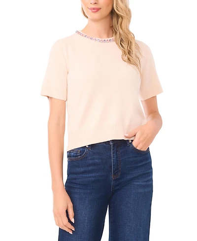 CeCe Women's Embellished Detail Crew Neck Sweater