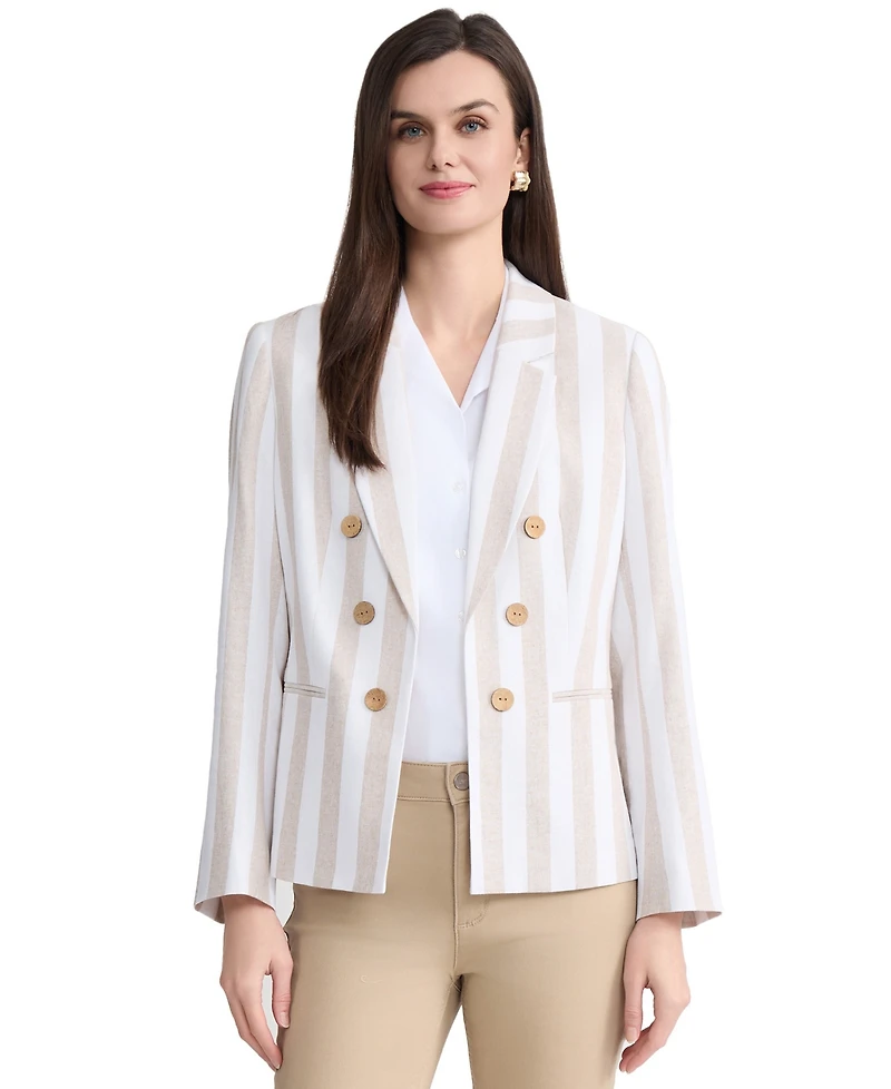 Jones New York Women's Faux Double Breasted Stripe Linen Jacket