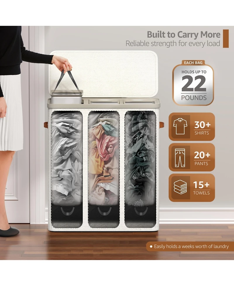 Sorbus 3-Compartment Laundry Basket with Removable Bag - Durable Organizer for Bathroom, Bedroom, or Room Space Saving Design