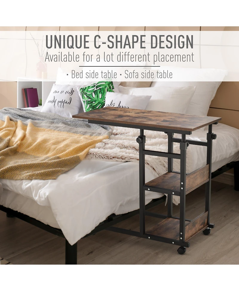 Homcom C-Shaped Mobile Sofa Bed Side Table Adjust Height 3-Tier Cart w/ Brake